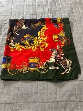 Escada Red Green Navy Silk Carriage Print Hand Rolled Hemmed Scarf